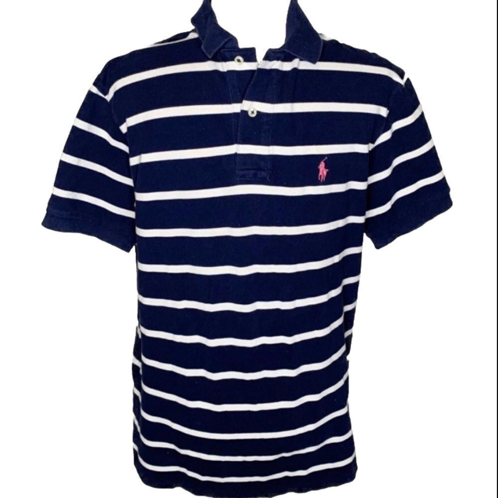 POLO RALPH LAUREN Navy and White Striped Cotton Polo Shirt Size Extra Large